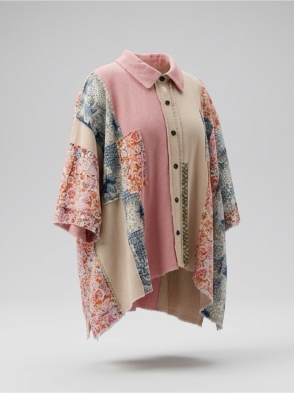 Blue Velvet Oversized Patchwork Button-Down Shirt in Pink and Cream-Hippie Chic - Picture 3 of 7